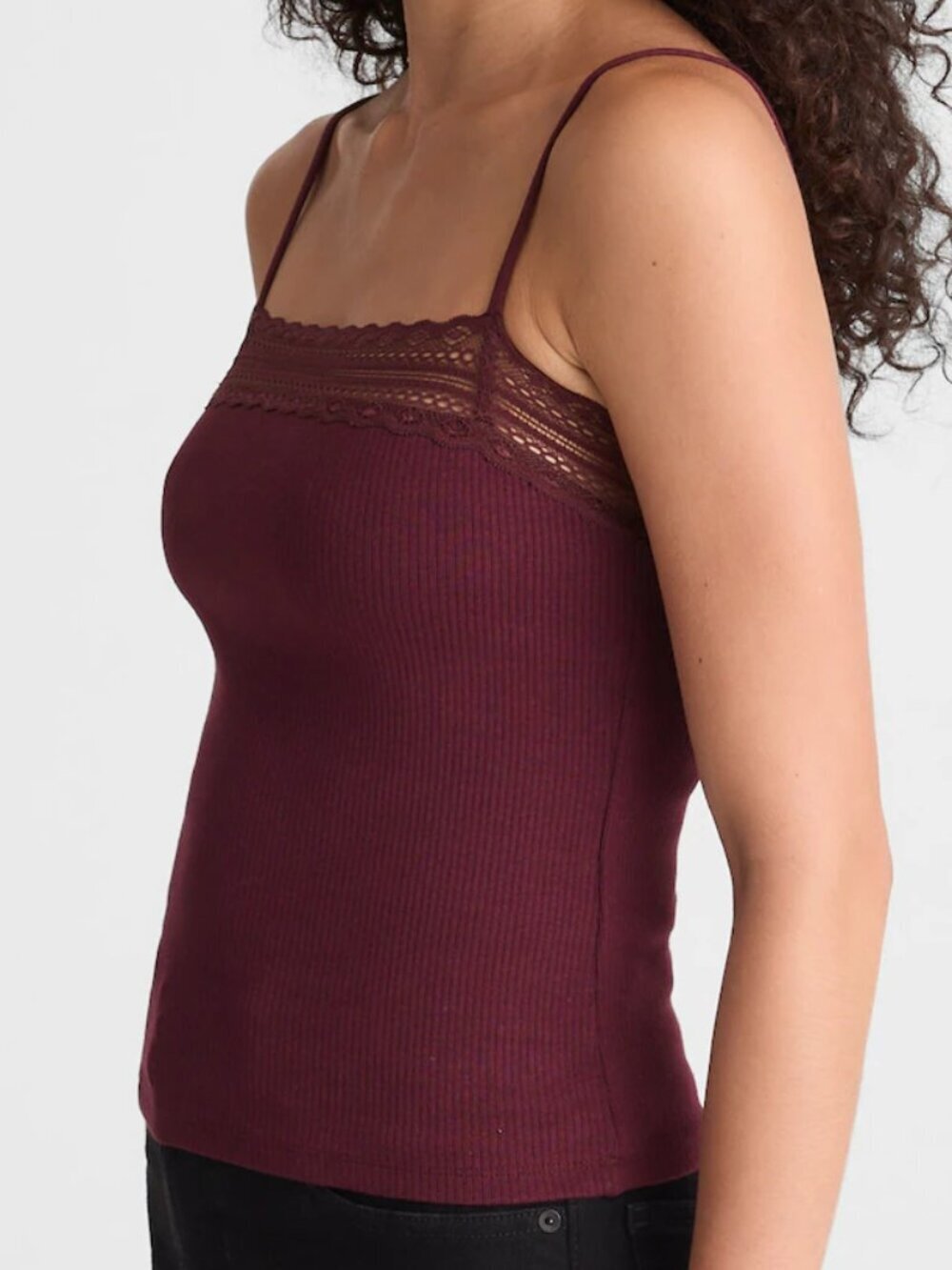 Madewell Lace Trim Ribbed Fitted Square Neck Tank Top Burgundy Size L NWT